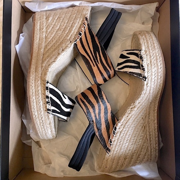 nwt Kenneth Cole Olivia Espadrille Fur Sandal Open Toe Wedge Black Tan Zebra 8 - Picture 4 of 12